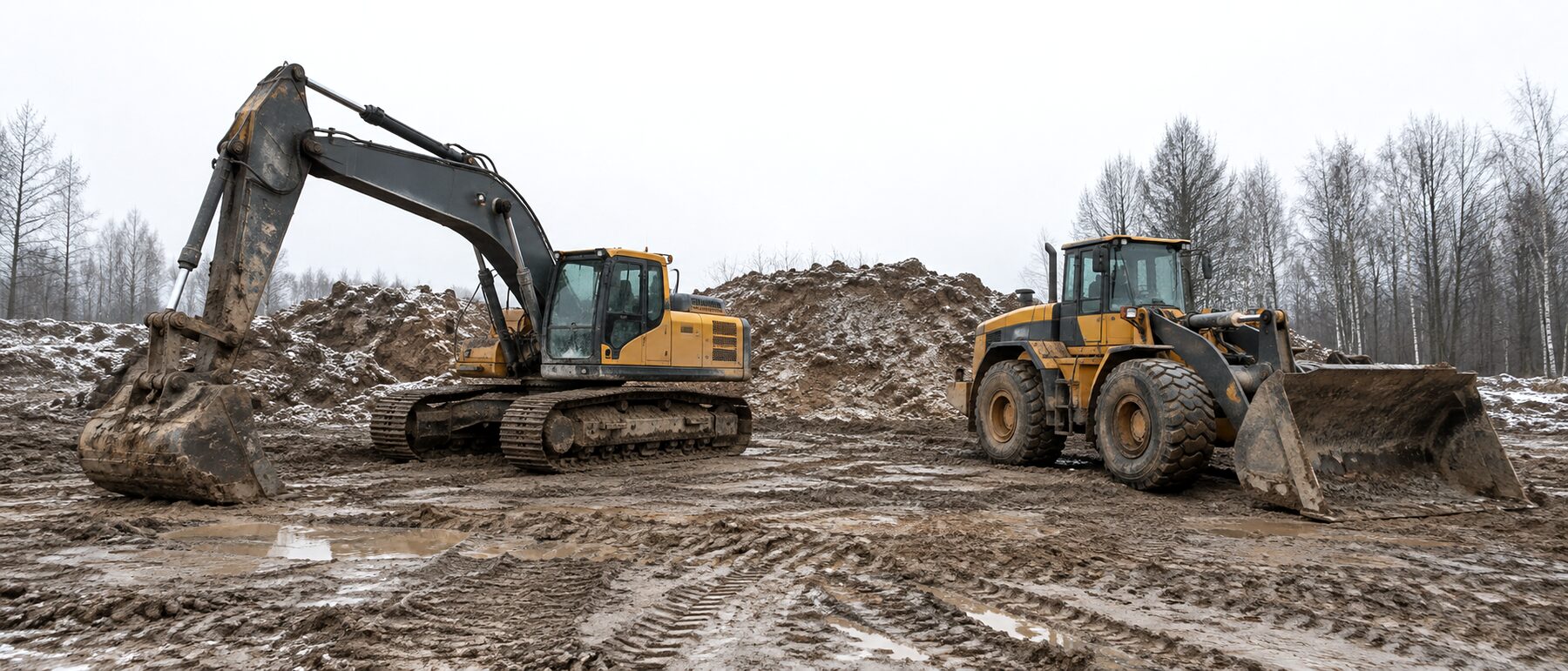 Bagger und Radlader über Nacht auf lehmiger Baustelle abgestellt