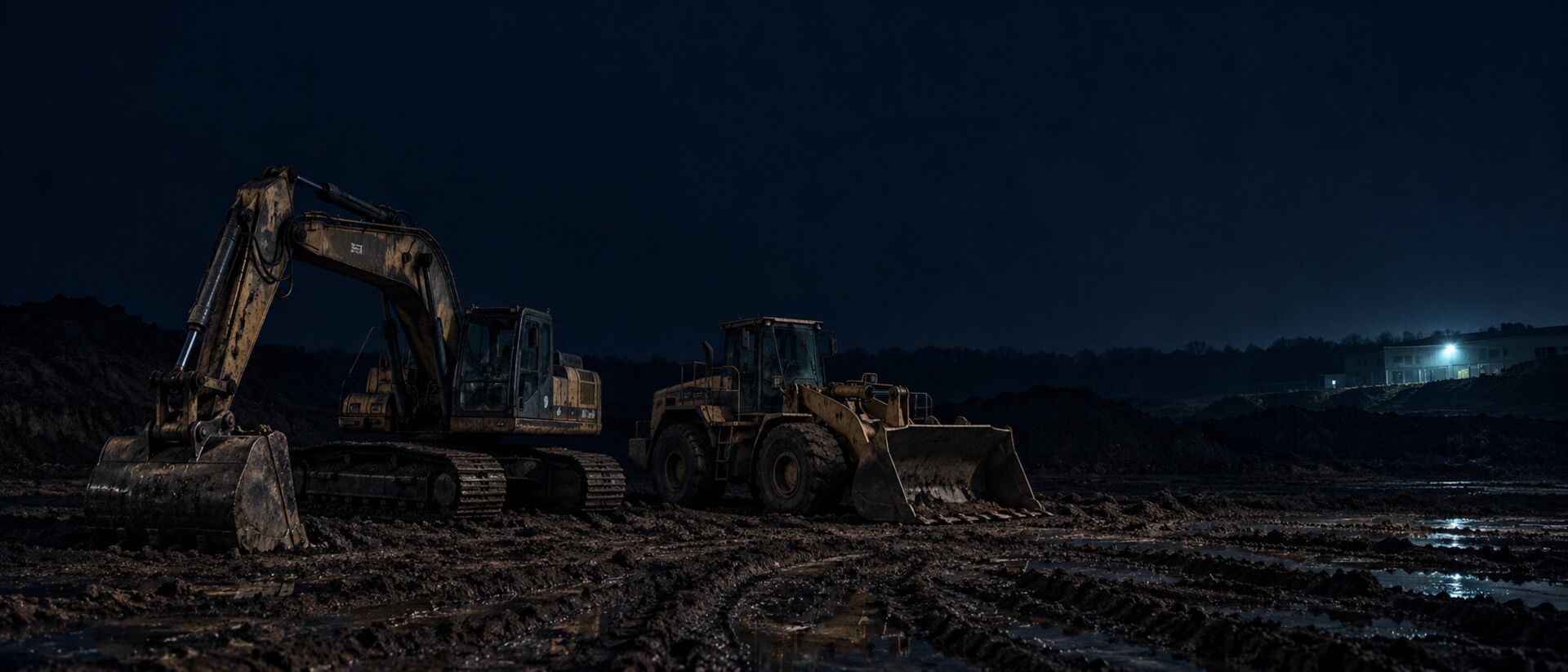 Bagger und Radlader über Nacht auf lehmiger Baustelle abgestellt