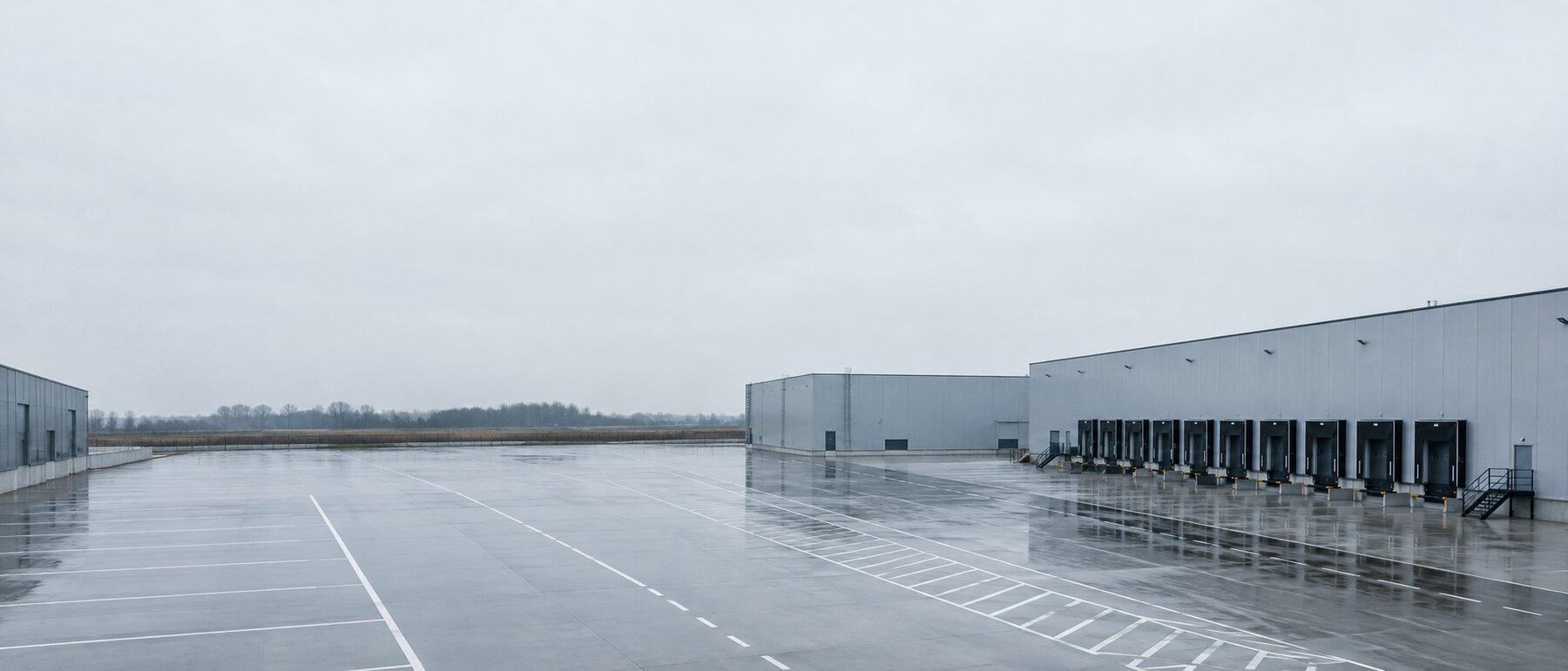 Betriebshof mit geschlossenen Ladetoren und leerer Asphaltfläche
