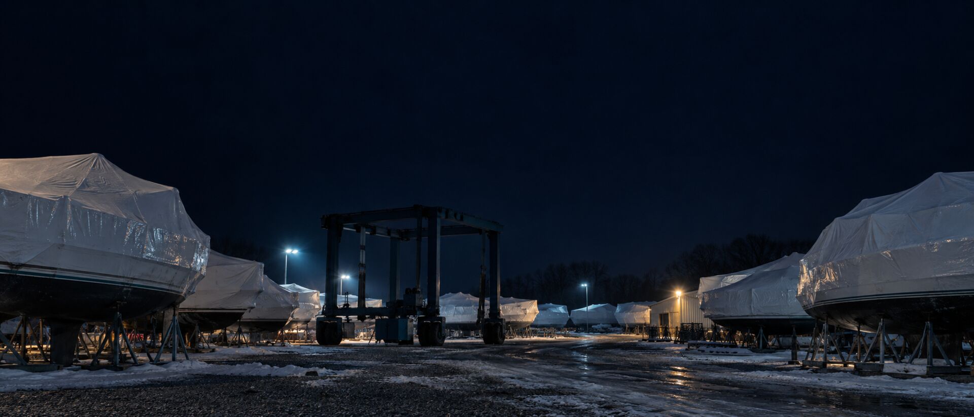 Winterlager eines Hafens bei Nacht, Yachten auf Böcken unter Schutzfolie