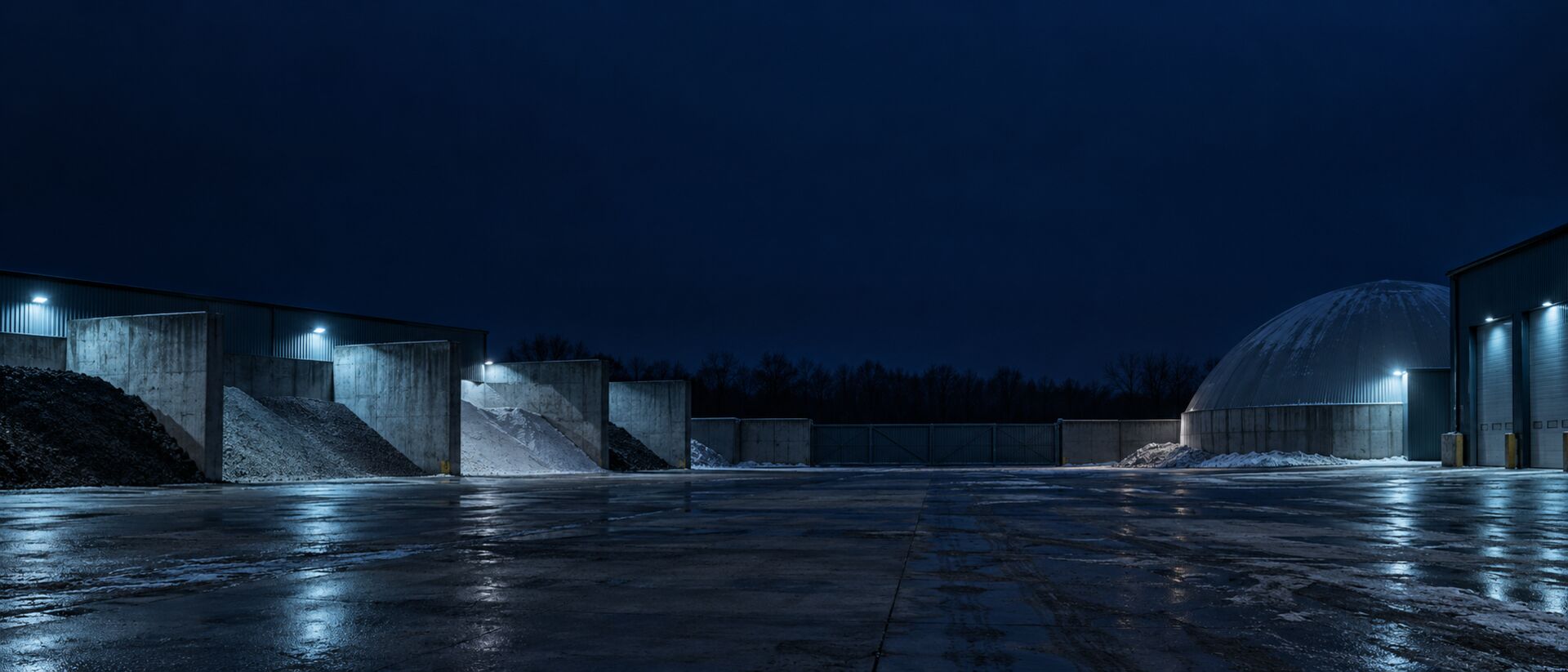 Bauhofgelände bei Nacht mit Containerboxen und geschlossener Zufahrt