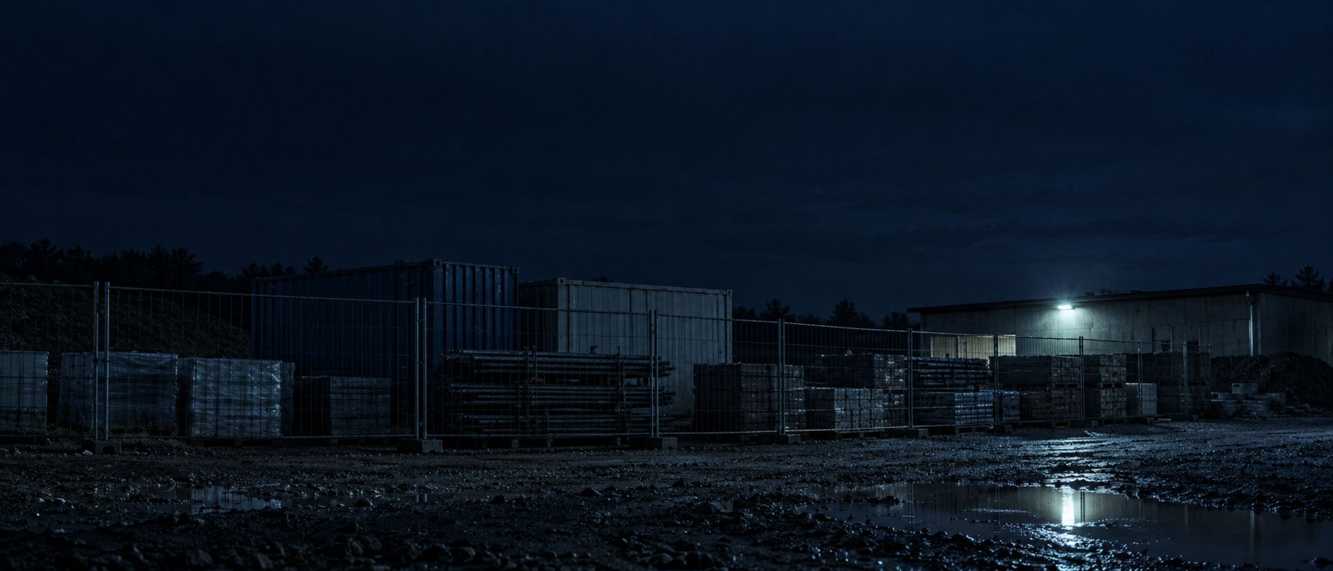 Eingezäunter Materiallagerplatz am Rand einer Baustelle bei Nacht